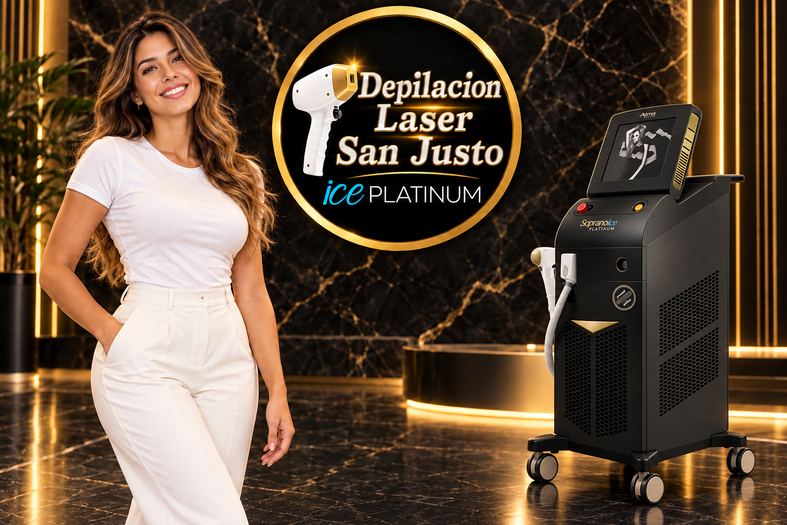 Depilación Láser San Justo: mujer junto a un equipo de depilación láser